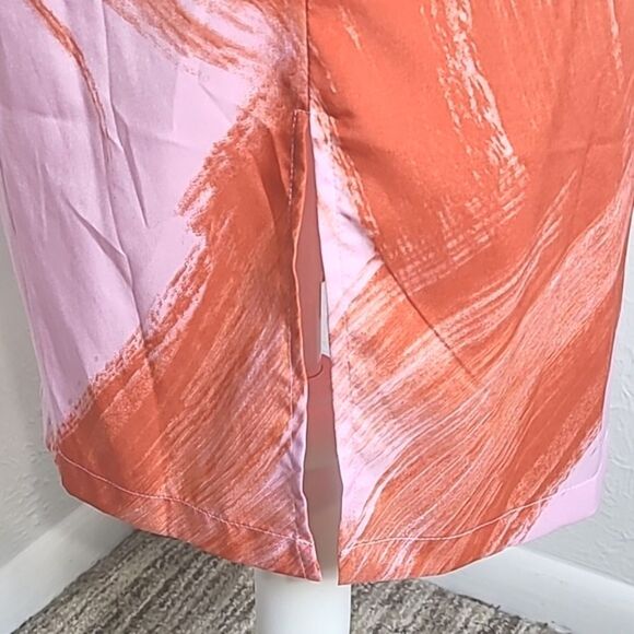 Entro Pink & Orange Midi-Dress, Short Puff Sleeves, Tie Waist, Size Small - Picture 7 of 9
